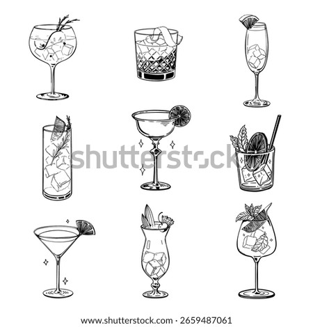 Collection of hand drawn vector illustrations of assorted cocktails in various glasses with ice cubes garnishes citrus herbs and straws elegant black and white line art set isolated on white