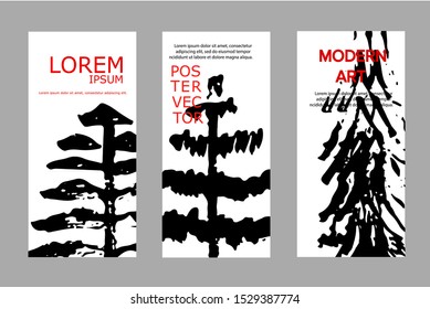 Collection of hand drawn vector ink brush Christmas trees.  Grunge paintbrush drawings with places for text. Postcard templates for greeting wiht Merry Christmas. Dirty artistic design elements, box