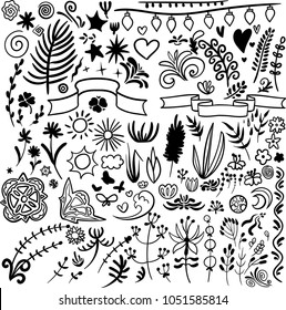 Collection of hand drawn vector leaves, flowers and flourishes