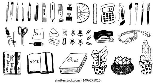 Collection of hand drawn vector school stationery items. Plants succulents, pens, pencils, brushes, stapler, eraser, knife, brushes, scissors, stickers, notebook, book