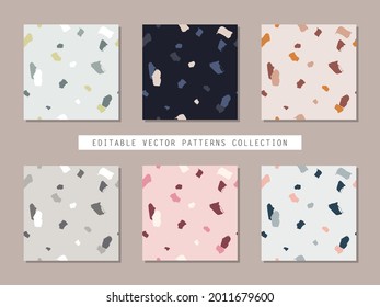 Collection of hand drawn vector seamless terrazzo patterns. Realistic painted brush strokes ornament tiles. Terrazzo patterns set.