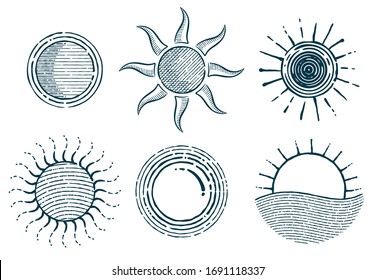 Collection Of Hand Drawn Vector Suns In Pen And Ink.