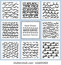 Collection of Hand Drawn Vector Textures of Water Surface. Ready to use seamless pattern included. Perfect for site background fill, scrap booking paper, advertising banners design.