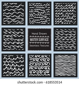 Collection of Hand Drawn Vector Textures of Water Surface. Ready to use seamless pattern included. Perfect for site background fill, scrap booking paper, advertising banners design.
