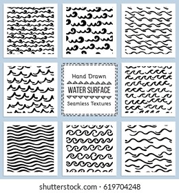 Collection of Hand Drawn Vector Textures of Water Surface. Ready to use seamless pattern included. Perfect for site background fill, scrapbooking paper, advertising banners design.