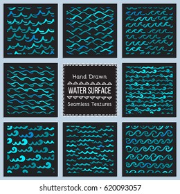 Collection of Hand Drawn Vector Textures of Water Surface. Ready to use seamless pattern included. Perfect for site background fill, scrapbooking paper, advertising banners design.