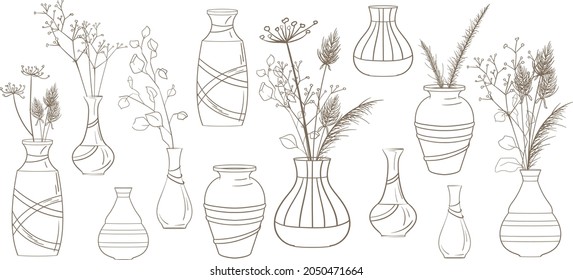 Collection of hand drawn vector vases with bouquet of dried flowers and herbs: hogweed, gypsophila. Vintage herbs and flowers illustrations isolated on white. Use for decoration postcards, wrapping.