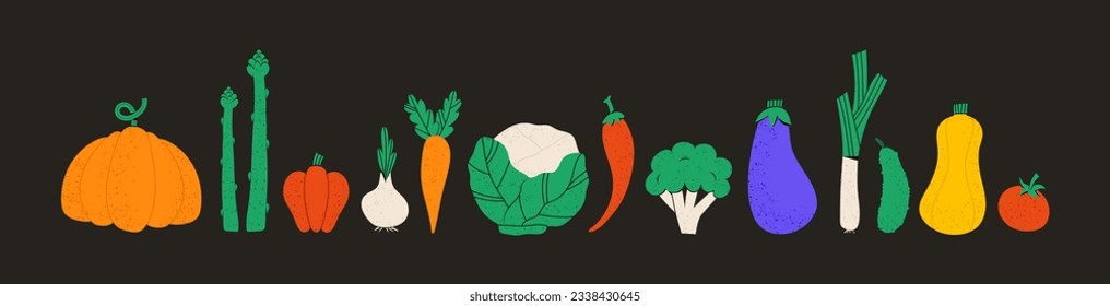 Collection of hand drawn vegetable illustrations isolated on white background. Bundle of fresh delicious vegan diet vegetarian products, wholesome healthy food, cooking ingredients. Flat cartoon style