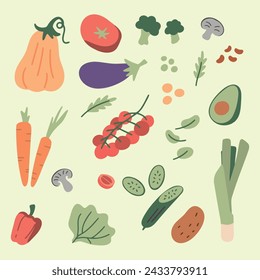 Collection of hand drawn vegetable illustrations isolated on white background. Bundle of fresh delicious vegan diet vegetarian products, wholesome healthy food, cooking ingredients. Flat cartoon style