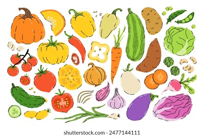 Collection of hand drawn vegetable illustrations isolated on white background. Bundle of fresh delicious vegan diet vegetarian products, wholesome healthy food, cooking ingredients. Flat cartoon style