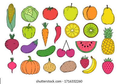 Collection of hand drawn vegetables  and fruits icons on white background.
