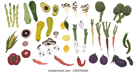 Kollektion von handgezeichneten Gemüsemodellen einzeln auf weißem Hintergrund. Set von frischen veganischen Diät vegetarischen Produkten, gesunde Lebensmittel, Koch-Zutaten. Flacher Cartoon-Stil