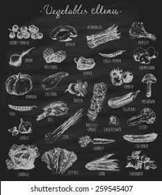 Collection of hand drawn vegetables on chalkboard (blackboard), high detailed, vector illustration, sketch, engraved style, menu design