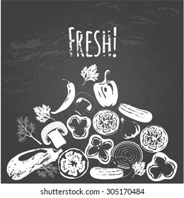 Collection of hand drawn vegetables and pizza toppings on chalkboard, high detailed, vector illustration, sketch, engraved style, menu design. 