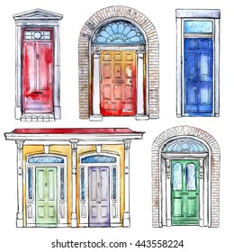 Collection of hand drawn vintage doors. Watercolor style vector illustration