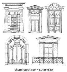 Collection of hand drawn vintage doors. Vector illustration