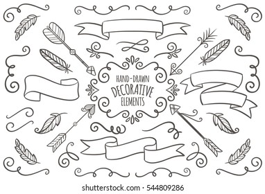 Collection of hand drawn vintage elements. Perfect for invitation cards and page decoration. Vector illustration.