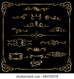 Collection of hand drawn vintage frame for text decoration in vector in gold on black background