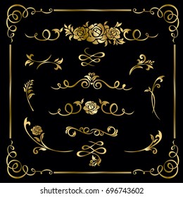 Collection of hand drawn vintage frame for text decoration in vector in gold on black background