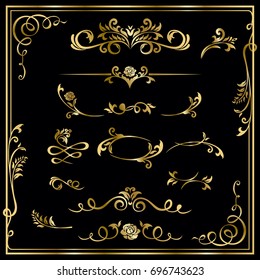 Collection Of Hand Drawn Vintage Frame For Text Decoration In Vector In Gold On Black Background