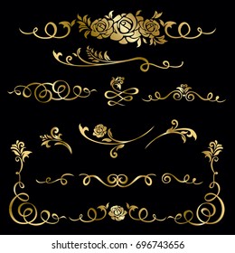 Collection of hand drawn vintage frame for text decoration in vector in gold on black background