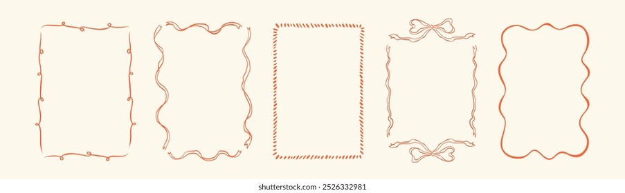 Collection of hand drawn vintage frames with wavy lines, bows and ribbons. Minimalist line art. Modern trendy borders for wedding invitation, birthday card, social media template. Vector illustration.