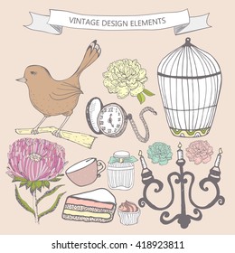 Collection of hand drawn vintage items. Perfume bottle, aster, cake, cage bird, pocket watch, candlestick. Elements can be used separately or for  greeting card, invitation in retro style, etc.