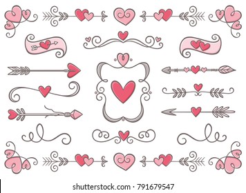 Collection of hand drawn vintage swirl ornaments full of hearts. Valentine's day special pack design elements. Perfect for Valentine's day invitation cards and page decoration. Vector illustration.