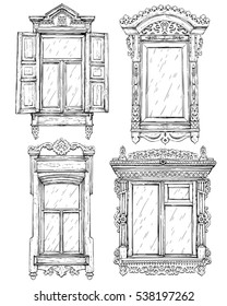 Collection of hand drawn vintage windows. Vector illustration