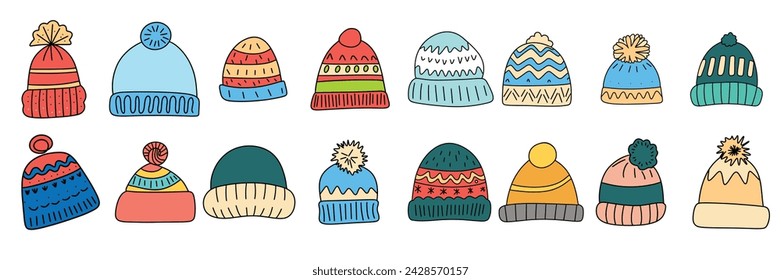 Collection of hand drawn warm hat colored outline. Set of winter hat in doodle style. Hand drawn vector art.