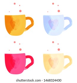 collection hand drawn watercolor mugs    tea cups isolated white background    vector illustration