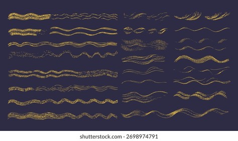 Collection of hand drawn wavy lines and brush strokes in golden yellow on a dark navy blue background