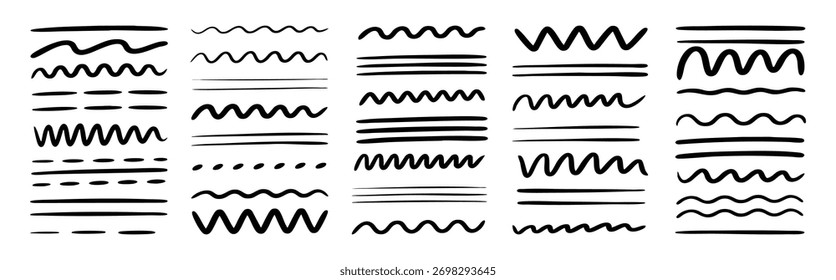 Coleção de linhas onduladas desenhadas à mão e retas no vetor de fundo branco. Estilo de esboço Doodle dos elementos de realce. Ilustração vetorial