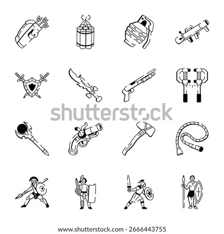 Collection of Hand Drawn Weapons Icons 
