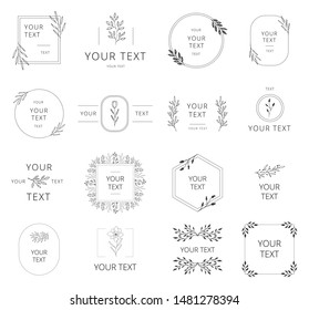 Collection of hand drawn wedding branding with floral elements. Wreaths, borders and frames for feminine design. Vector isolated.