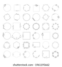 Collection of hand drawn wedding branding with botanical elements. Wreaths, borders and frames for floral design. Vector isolated.