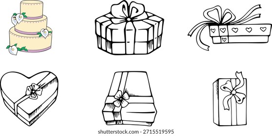 Collection of hand drawn wedding celebration elements featuring a pastel tiered cake adorned with calla lilies and several black and white line art gift boxes in various shapes including a heart shap