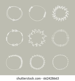 Collection of hand drawn wedding design circle borders elements. Hand drawn doodle frames