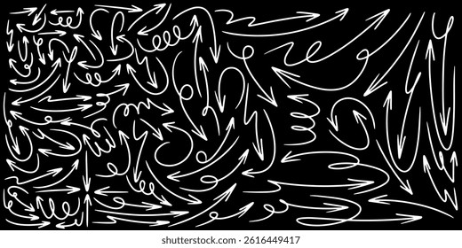 collection of hand drawn white arrows on a black background, perfect for presentations, infographics, and creative projects.