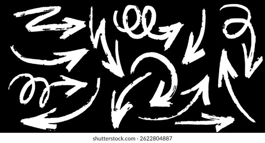 collection of hand drawn white arrows on a black background, perfect for presentations, infographics, and creative projects.