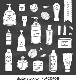 Collection of hand drawn white beauty products with coconut for body and hair isolated on the blackboard.