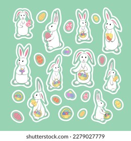 Collection of hand drawn white cute easter bunnies, baskets with eggs in pastel colors. Set of stickers - rabbit, decorated eggs, basket with colored eggs. Unique isolated vector design elements
