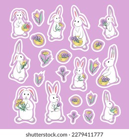 Collection of hand drawn white cute bunnies, baskets with spring flowers in pastel colors. Set of stickers - rabbit, dandelions, tulips, basket with crocuses. Unique isolated vector design elements