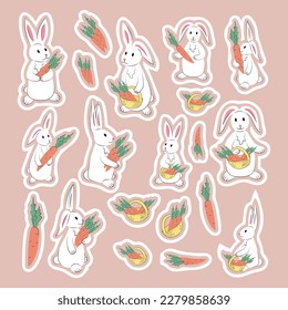 Collection of hand drawn white cute spring bunnies, baskets with carrots in pastel colors. Set of stickers - rabbit, big and small carrots, basket with carrots. Unique isolated vector design elements
