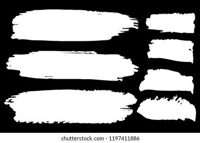 Collection of hand drawn white grunge brushes. Vector Grunge Brushes. Dirty Artistic Design Elements. Creative Design Elements. Black background. Distress Frame, Logo, Banner, Wallpaper.