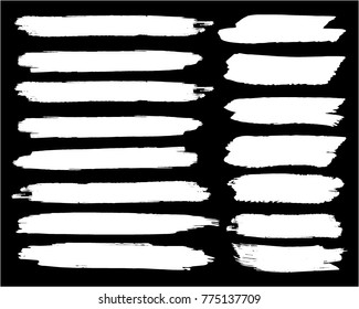 Collection of hand drawn white grunge brushes. Vector Grunge Brushes. Dirty Artistic Design Elements. Creative Design Elements. Banner. Black background with white stripes made with brush.