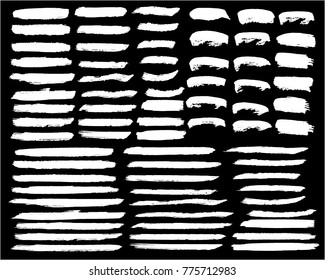Collection of hand drawn white grunge brushes. Vector Grunge Brushes. Dirty Artistic Design Elements. Creative Design Elements. Banner. Black background with white stripes made with brush.
