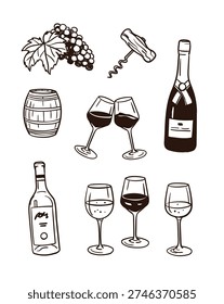 Collection of hand drawn wine doodles with glasses, bottles, barrel, grapes and screw, cute and simple icons for menu or decoration