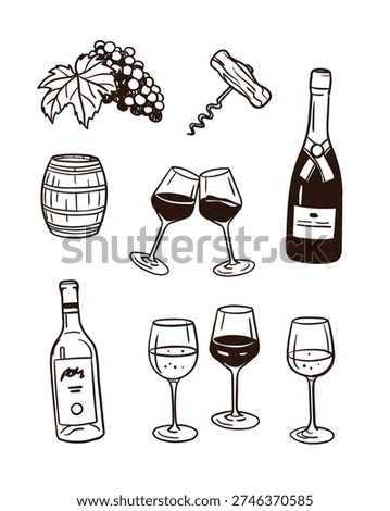 Collection of hand drawn wine doodles with glasses, bottles, barrel, grapes and screw, cute and simple icons for menu or decoration