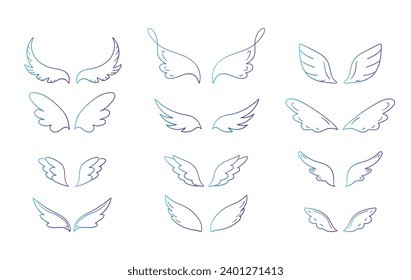Collection of hand drawn wings in different shapes. Doodle wings collection in gradient neon color. Vector illustration